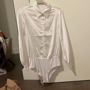 NEW satin bodysuit one piece white button down shirt
